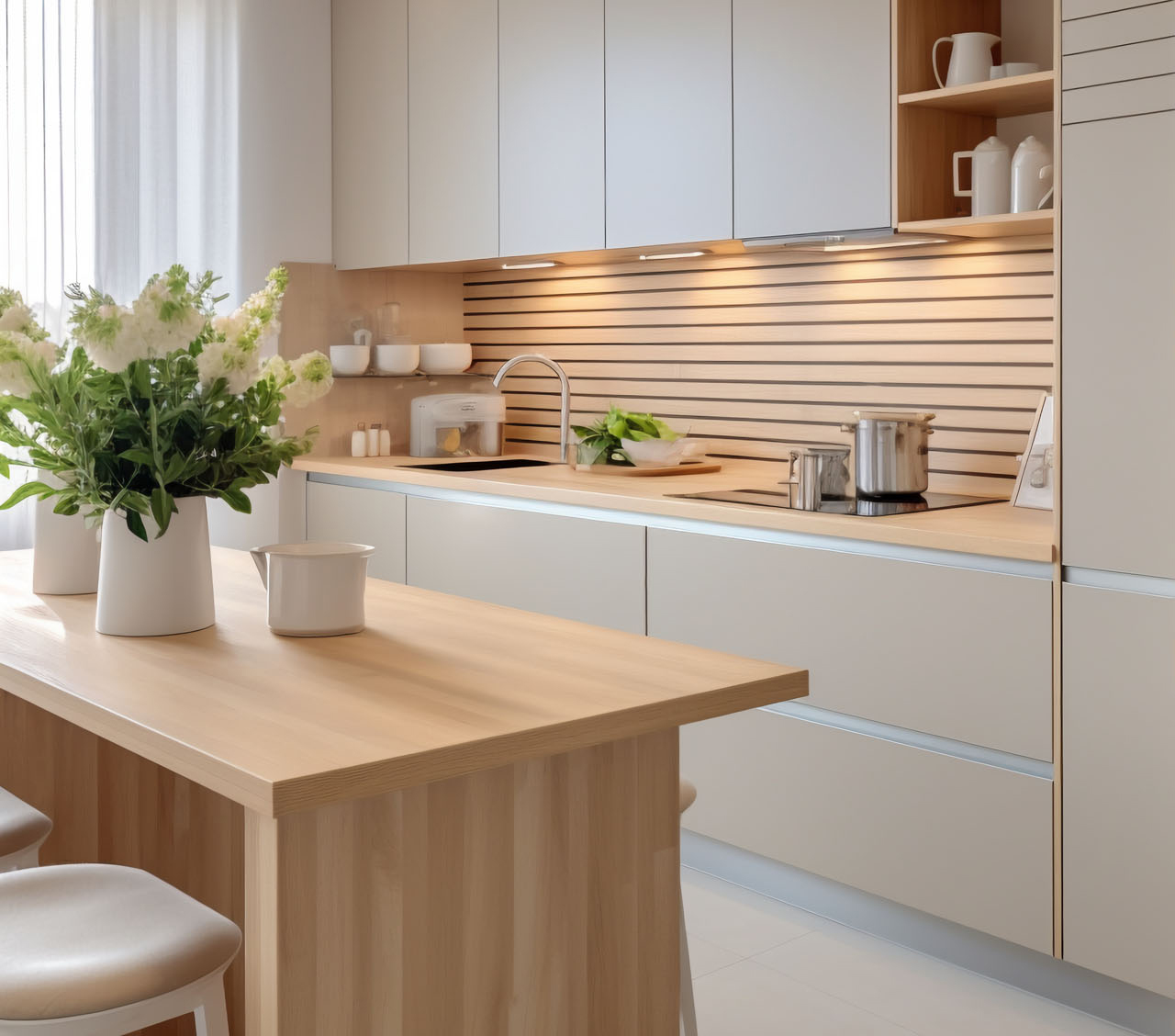 Cocina moderna con mesa de color madera