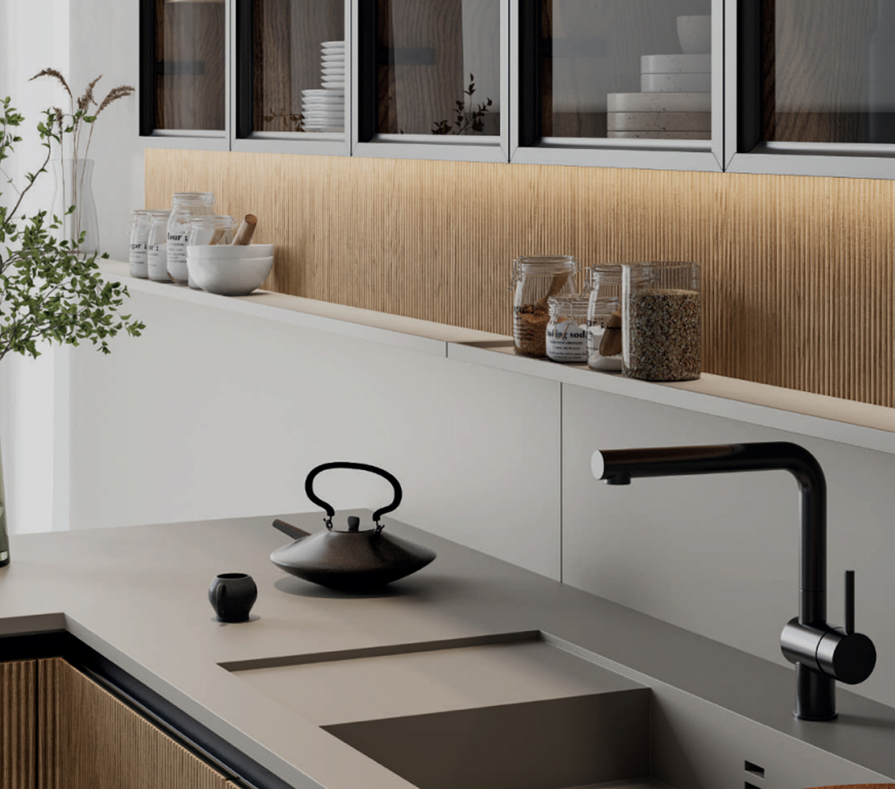 Cocina moderna con mesa de color madera