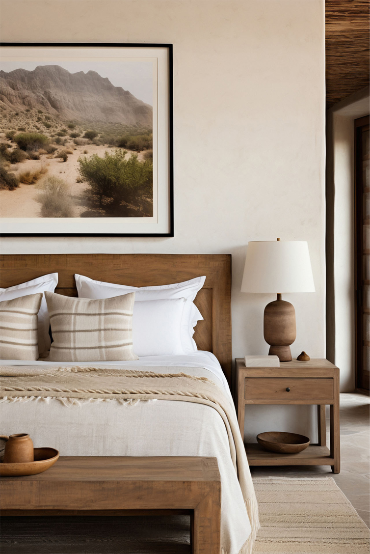 Dormitorio de estilo moderno, cama con almohadas beige, mesitad de noche y cuadro de cabecera