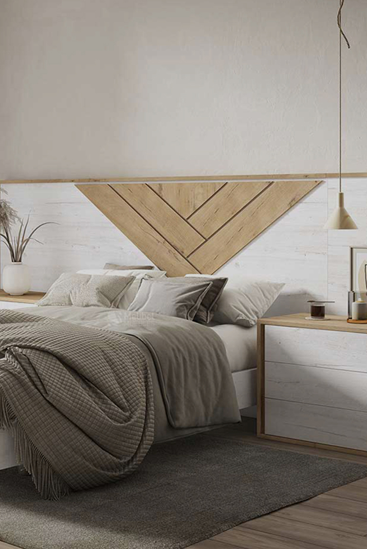 Dormitorio de estilo moderno, cama con almohadas beige, mesitad de noche y cuadro de cabecera